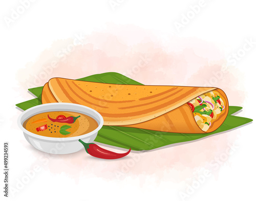 South Indian Food Dosa Vector illustration with Sambhar Bowl and red chilli