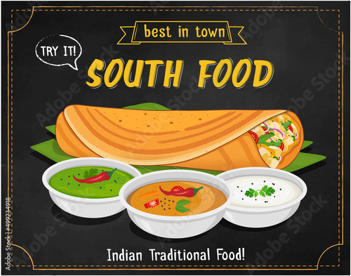Vector- Dosa Illustration with sambar and coconut chutney on black background