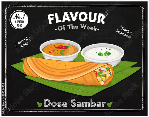 Dosa- vector illustration with sambar and coconut chutney