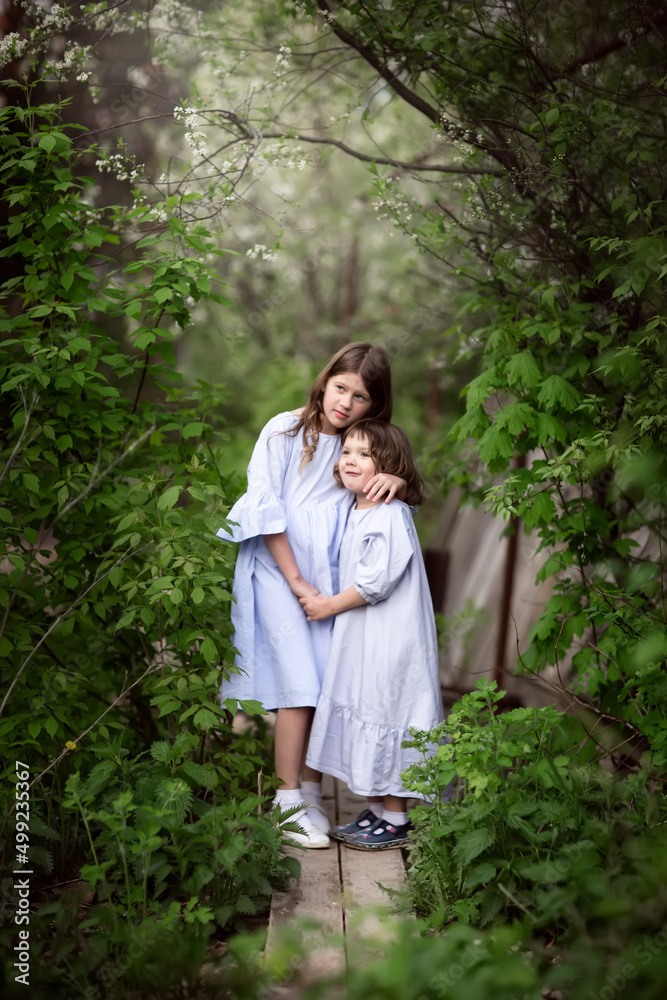 Funny cute kids girls sisters girlfriends in long dresses in spring, happy childhood and friendship, nature and natural Funny cute kids girls sisters girlfriends in long dresses in spring, happy childhood and friendship, nature and natural