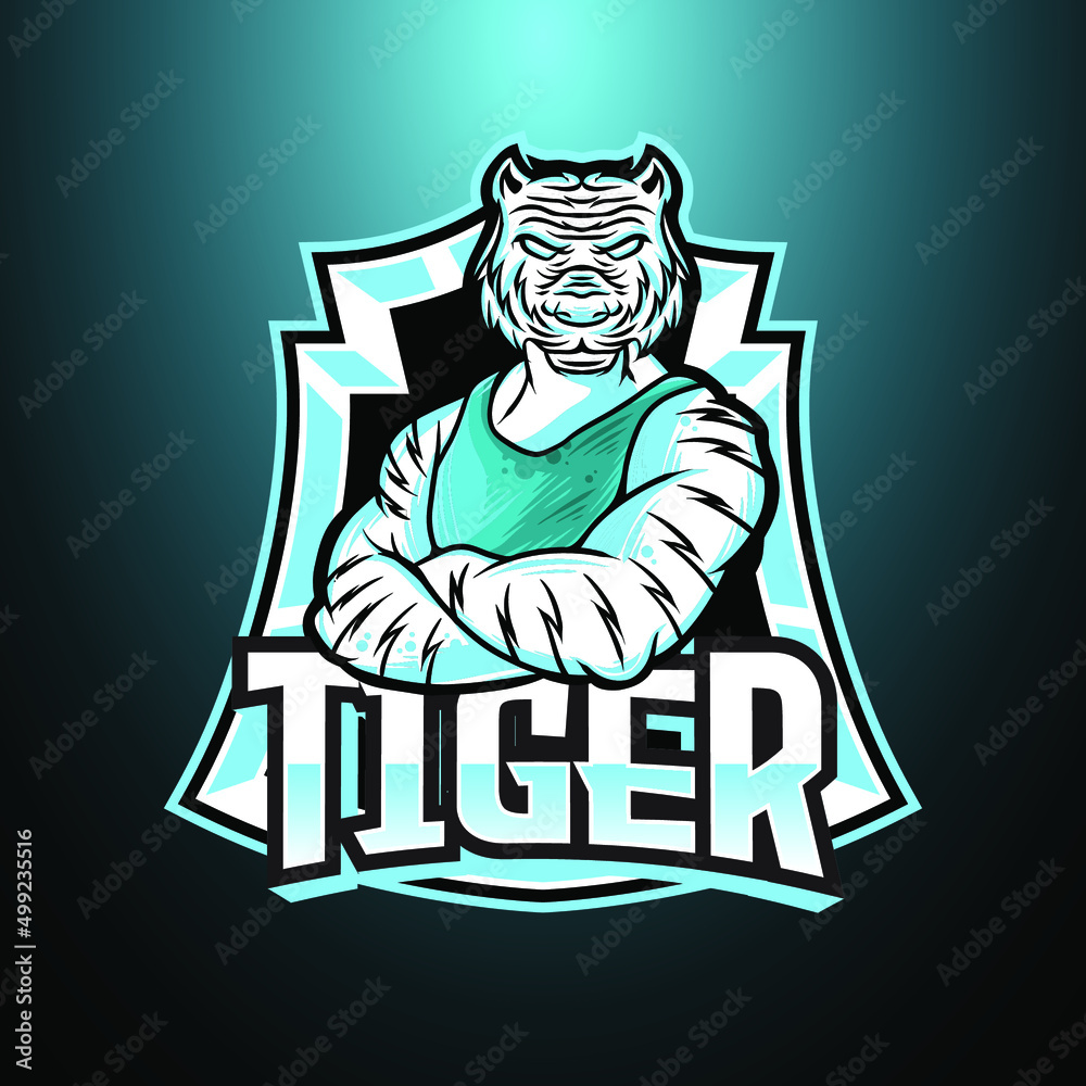 Tiger Crossed Arm E-Sport Logo, Mascot, and Emblem Template Isolated Vector. Illustration Logo. Suitable for Game, Streamer, and E-Sport Team.