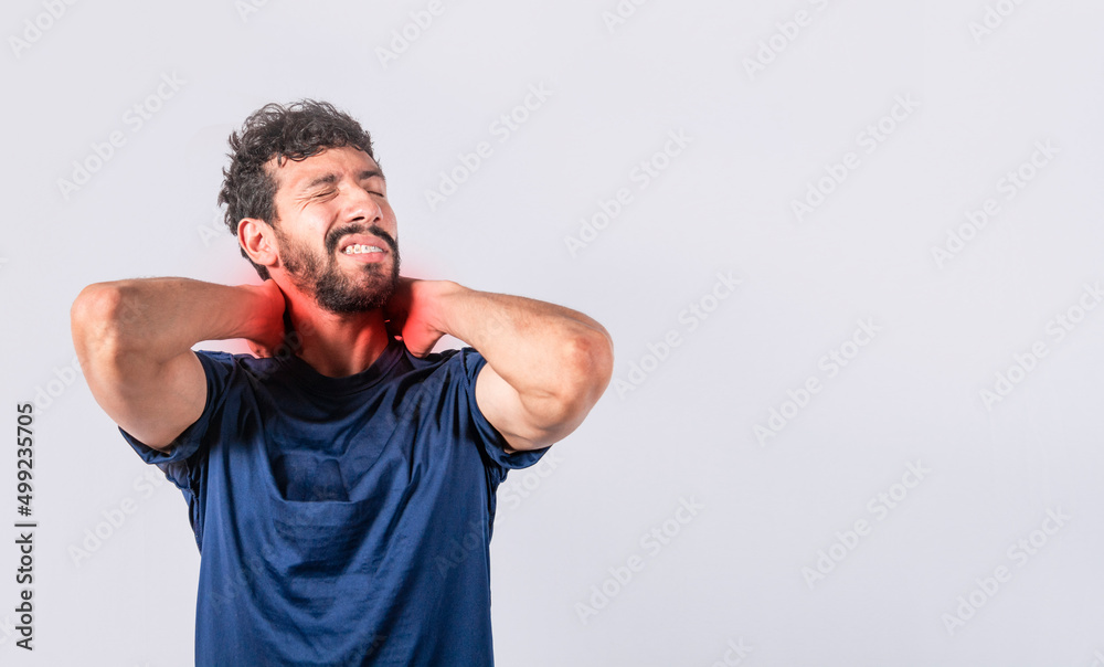 Neck pain and stress concept, man with neck muscle pain, Close up of man with neck pain, a man with neck pain on isolated background. Neck pain and stress concept, man with neck muscle pain, Close up of man with neck pain, a man with neck pain on isolated background.