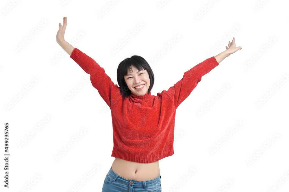 Young asian woman with arms raised and laughing wearing red sweater, isolated. Young asian woman with arms raised and laughing wearing red sweater, isolated.