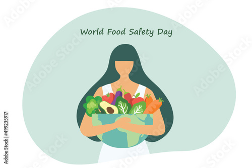 World food safety day concept, woman holding food global vector illustration
