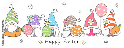 Draw vector illustration character design banner cute gnomes for easter and spring Doodle cartoon style