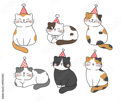 Draw collection cat with party hat Doodle cartoon style