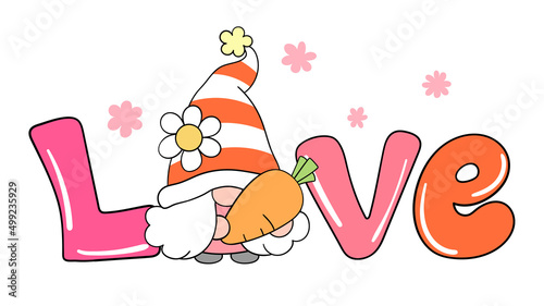 Draw gnome girl with word love for easter and spring
