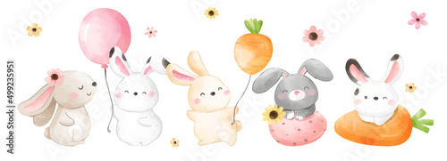 Draw banner cute bunny for Easter and spring Watercolor style