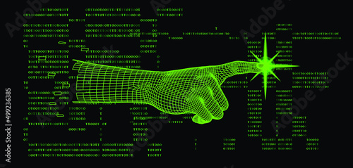 Low-poly 3D hand on dark background with binary code. Retrofuturistic cyberpunk style illustration.
