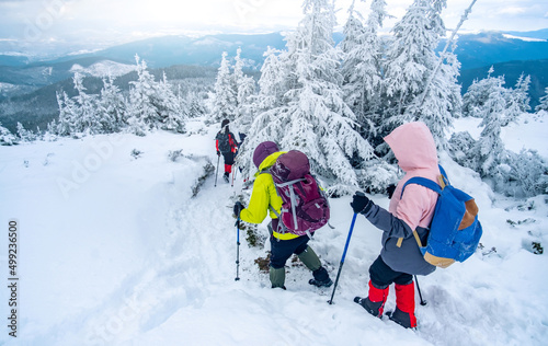 Tourist group in snowy mountains trekking along route photo