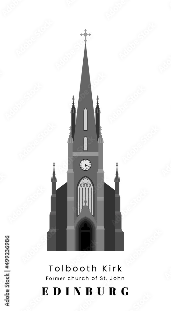 Illustration Tolbooth Kirk former St John Church of the Royal Mile in Edinburg, Scotland. Isolated Black and white Flat vector illustration city architecture of Great Britain.