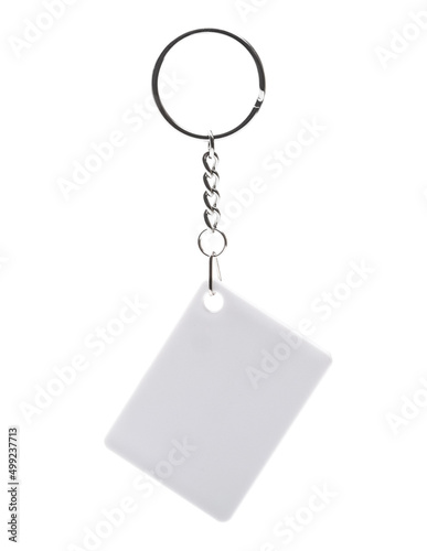 Mockup of rectangular key holder with metal ring isolated on white background