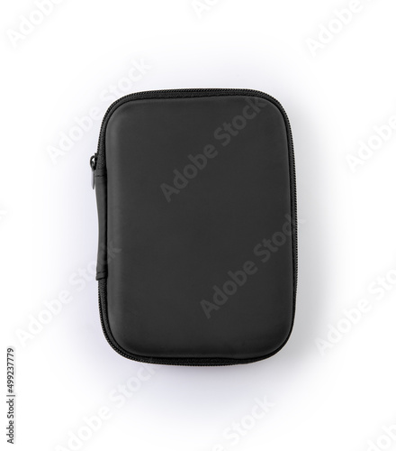 Portable external hard drive and carrying case isolated on white background.