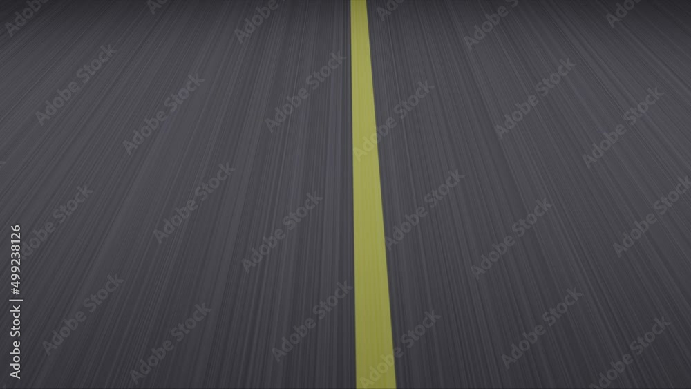 Driving very fast on endless road - computer generated animation. Continuous and broken yellow lines in the center of the road. Seamless loopable background.