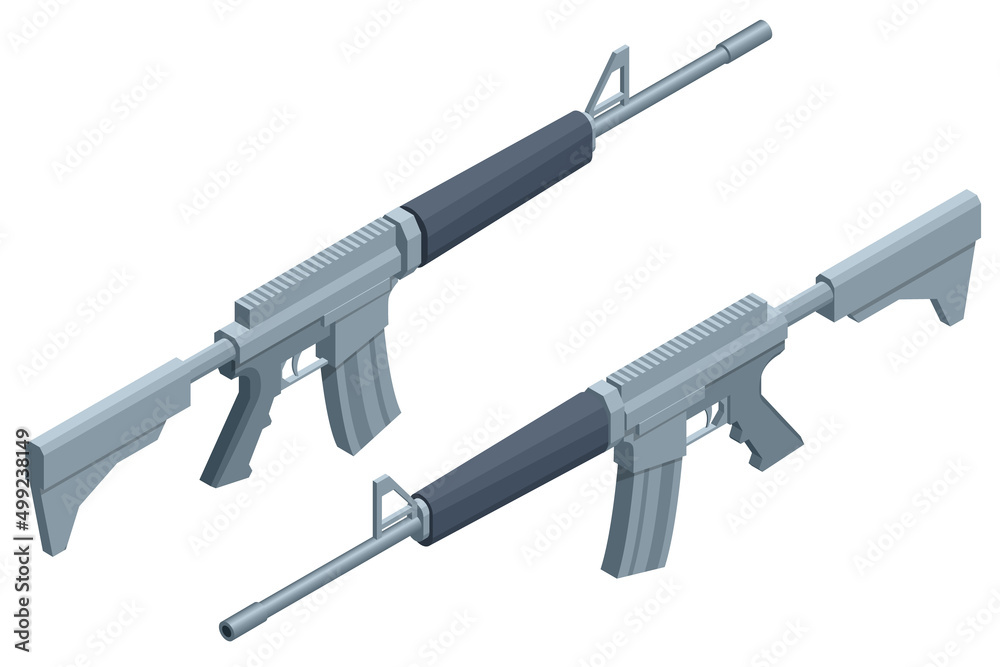 Isometric Modern automatic rifle isolate on a white background. Tactical submachine gun.