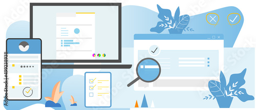 Online library web banner or landing page. Using mobile phone for learning Concepts Education online. Online training using gadgets tablets and smartphones. Courses, institutes, school. For Vector Ill