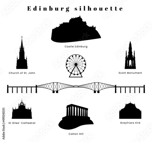 Black silhouette of Edinburgh landmarks. UK city architecture vector Black and white icons set. Isolated vector logos. 