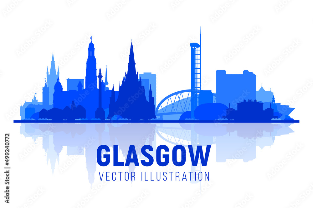Glasgow Scotland (UK) silhouette skyline with panorama at sky background. Vector Illustration. Business travel and tourism concept with modern buildings. Image for banner or website.