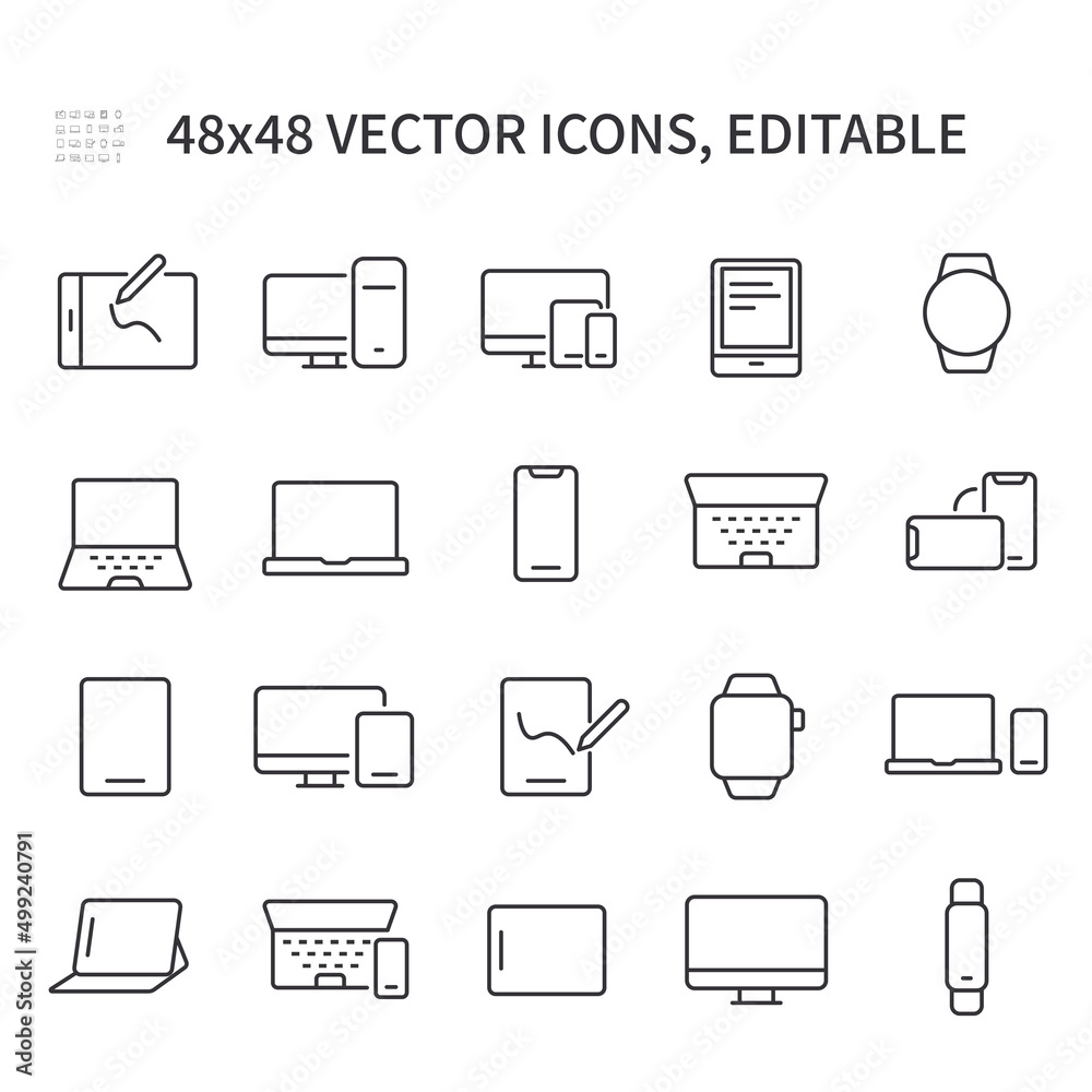 Simple vector line icons. Contain icons such as laptop, phone, smart watch, tablet, computer, and more. Simple vector line icons. Contain icons such as laptop, phone, smart watch, tablet, computer, and more.