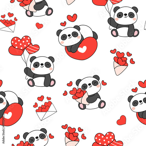 Seamless pattern panda valentines with heart Love concept