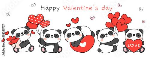 Draw banner cute baby panda for valentines day