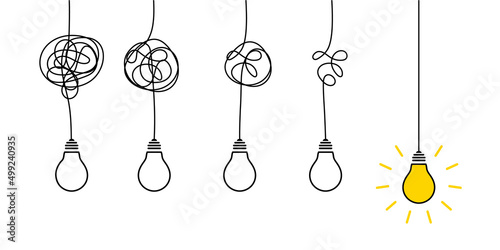 Bulbs with lines and idea bulb concept. Problem confuse of mind solution concept. Vector. Scribble tangle with bulbs solution process for business problems graphic illustration. EPS10