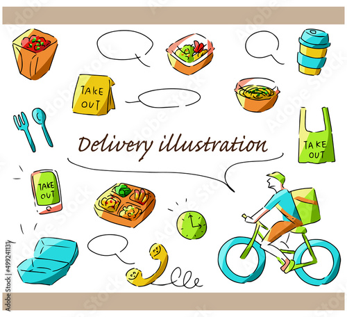 デリバリーとテイクアウトの手描きイラストセット