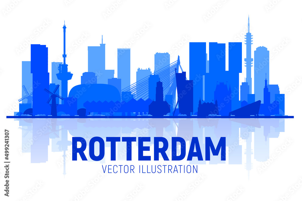 Obraz premium Rotterdam the Netherlands silhouette skyline with panorama at white background. Vector Illustration. Business travel and tourism concept with modern buildings. Image for banner or web site