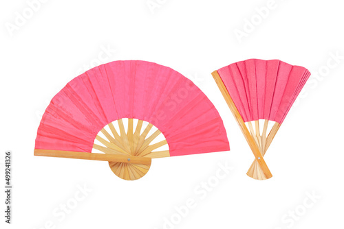 Bamboo fan or red  oriental fan isolated on white Background with clipping path included.