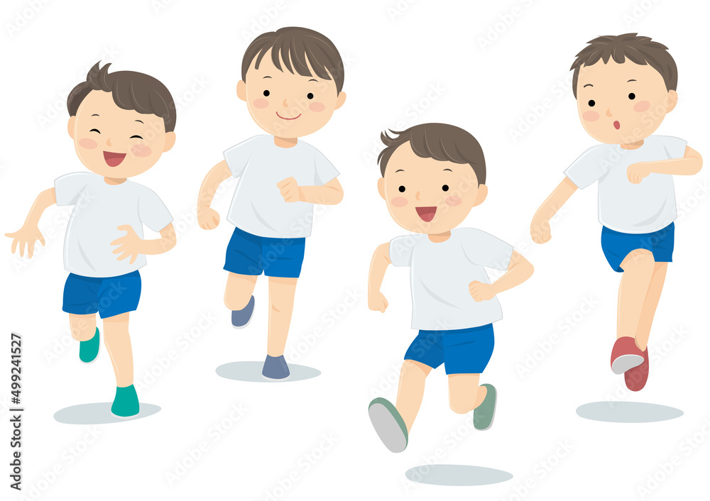 Vector illustration of four boys running happily Vector illustration of four boys running happily