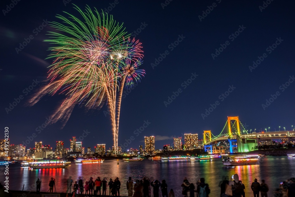 Firework at Odaiba rainbow bridge Tokyo Japan Firework at Odaiba rainbow bridge Tokyo Japan