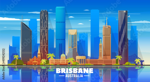 Brisbane Australia skyline with panorama on sky background. Vector Illustration. Business travel and tourism concept with modern buildings. Image for banner or website
