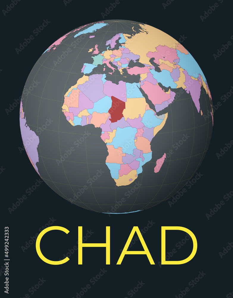 World map centered to Chad. Red country highlighted. Satellite world view centered to country with name. Vector Illustration.
