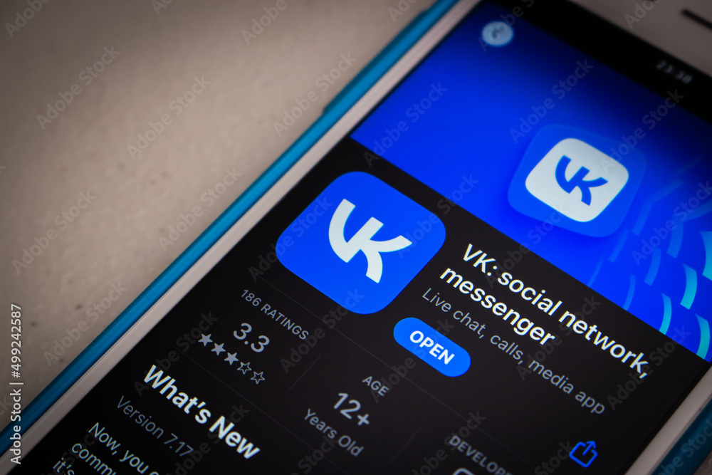 Kumamoto, JAPAN - Mar 23 2022 : The closeup logo of VK app (VKontakte), a  Russian online social