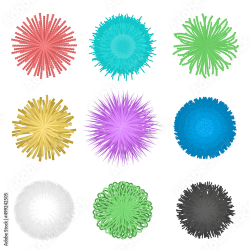 Fringe ball. Textile pompon, furry balls ans spherical decoration ornament made of thread isolated vector set