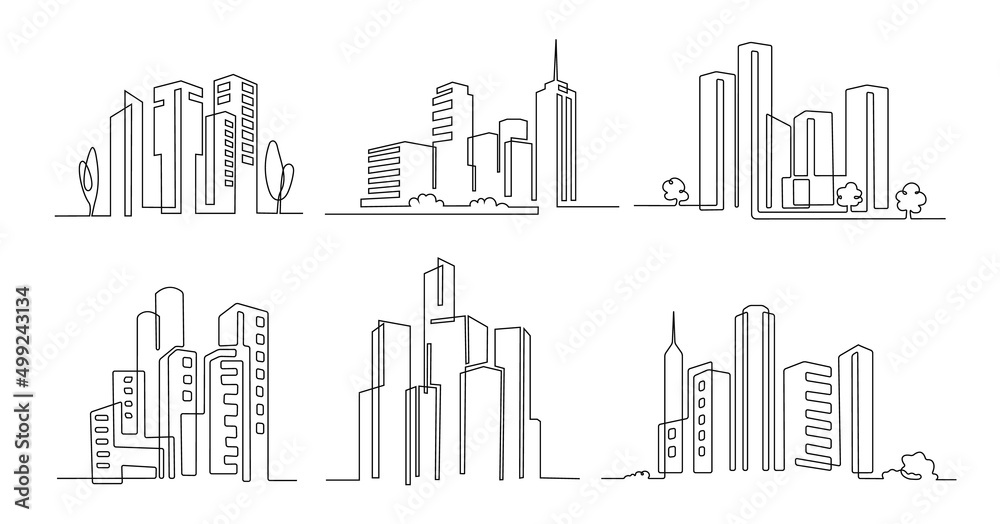 One line city. Skyscraper buildings, linear town cityscape and modern downtown or business district vector illustration set