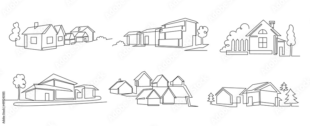 Obraz premium One line houses. Vacation home, suburban area and hand dwawn housing market branding vector illustration set