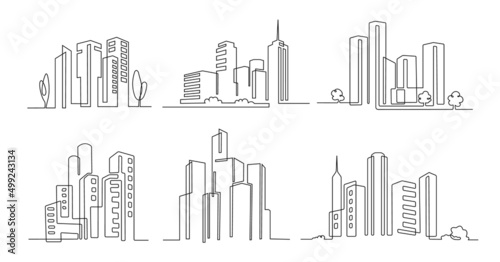 One line city. Skyscraper buildings, linear town cityscape and modern downtown or business district vector illustration set