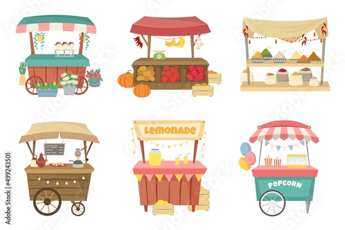 Outdoor market stalls. Grocery street fair, local flowers stall and coffee point vector illustration set