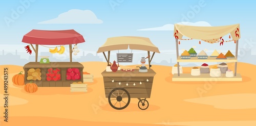 Street fair. Grocery food, spices and coffee stalls vector illustration