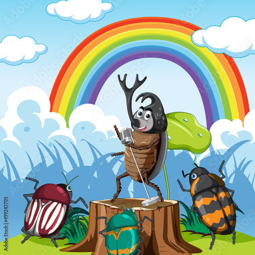 Happy insect in nature fairy tale scene