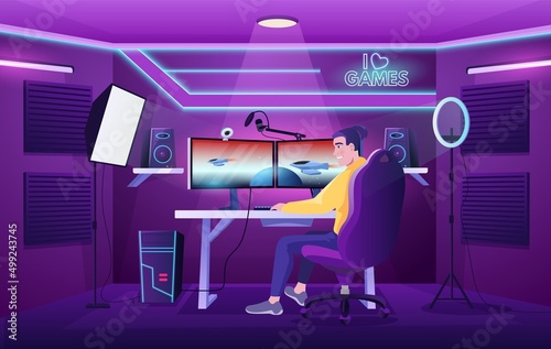 Streamer room. Professional gamer play computer games in gaming interior, streaming setup at cyber sport studio. Cartoon vector Illustration