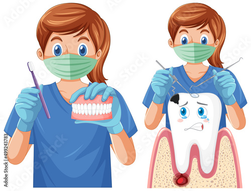 Dentist holding instruments and examining teeth on white background