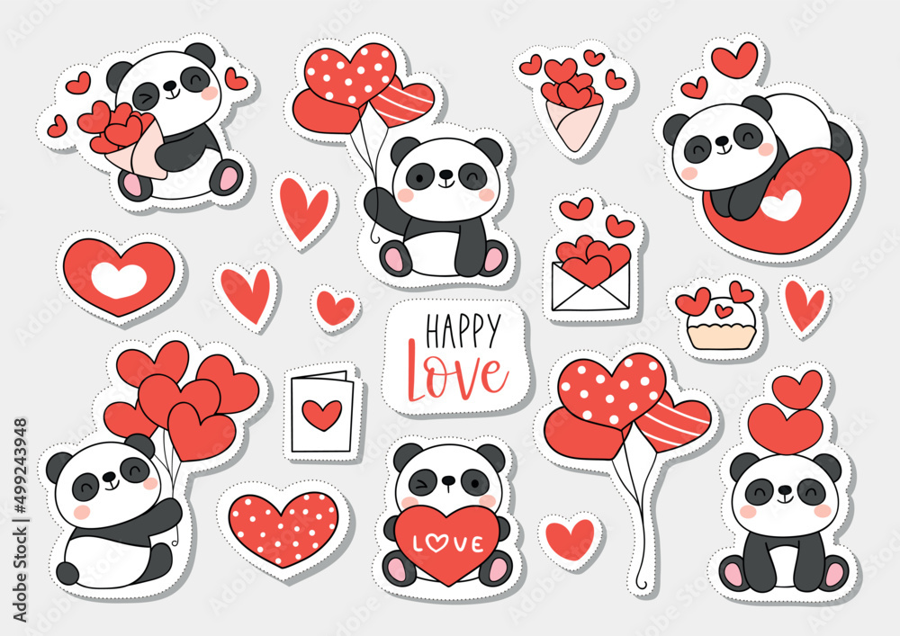 Fototapeta Draw sticker printable baby panda bear happy love for valentine