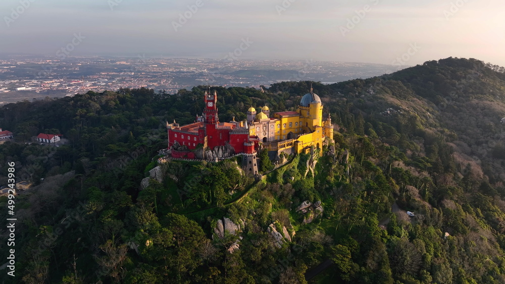 Aerial view of stunning Pena Castle. Top view of Sintra