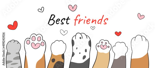 Draw paw animals cat dog with heart Beat friends concept