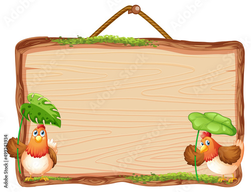 Blank wooden signboard with chicken cartoon