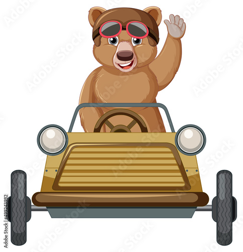 Cute cartoon bear drive car on white background