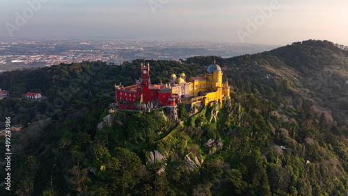 Aerial view of stunning Pena Castle. Top view of Sintra