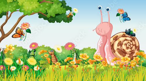 Nature scene with cartoon insects